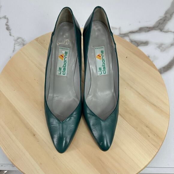Vintage 80s Liz Claiborne Womens 6-6.5 Shoes Teal Leather Rockabilly Lady Preppy - Picture 3 of 9